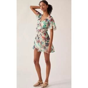 Anthropologie Floral V-Neck Ruffle Mini Dress L Boho Summer Party Outfit Pastel